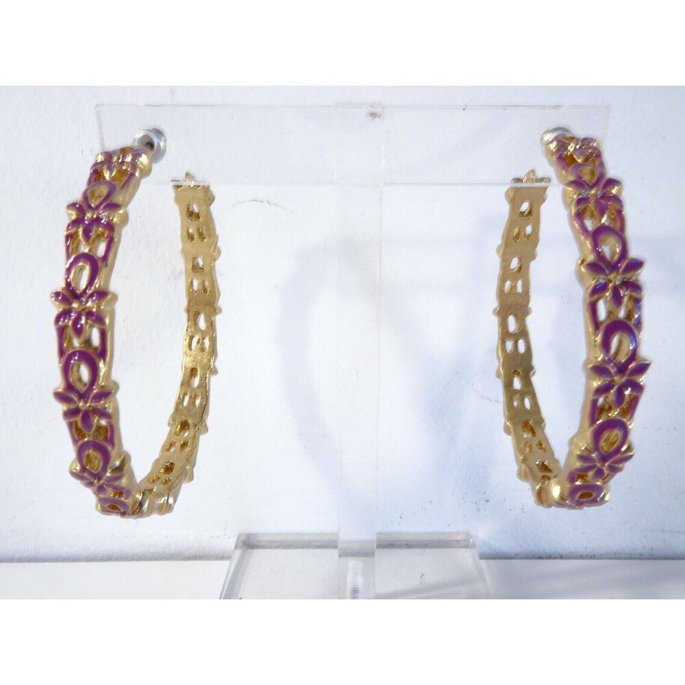 Lee Angel Neiman Marcus Women's Purple Gold Enamel Hoop Earrings NIP 125